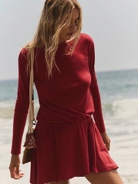 Free People Long Sleeve Drawstring Waist Dress - Red